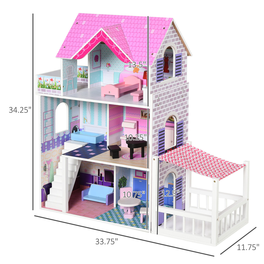 Qaba 2.9ft Kids Wooden Dollhouse Dreamhouse Villa with Patio Dollhouse with Furniture Accessories Kit for Toddler Girls Multi-level House for Children Pink