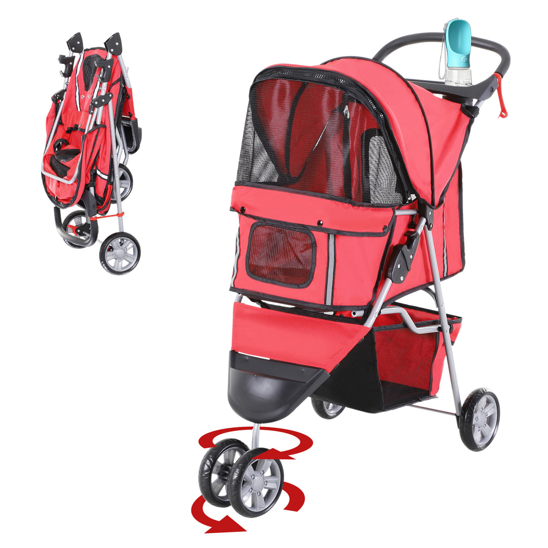 PawHut 3 Wheels Foldable Dog Stroller with Storage Basket, Adjustable Canopy, Cupholder for Miniature and Small Dogs, Red