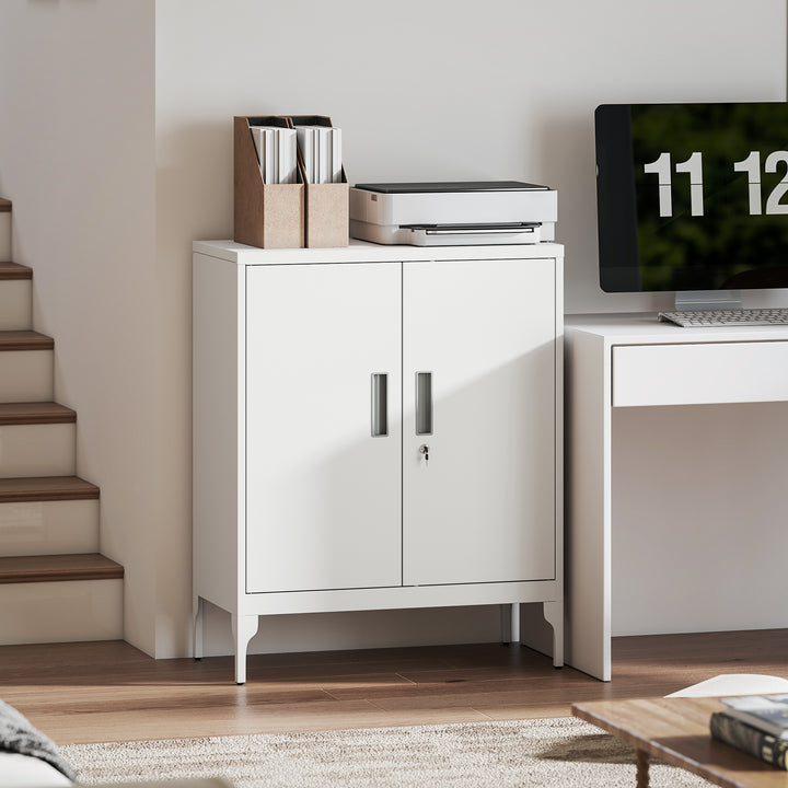 HOMCOM Office Storage Cabinet with Lock, Filing Cabinet with Adjustable Shelves and Doors for Home Office, Garage, White