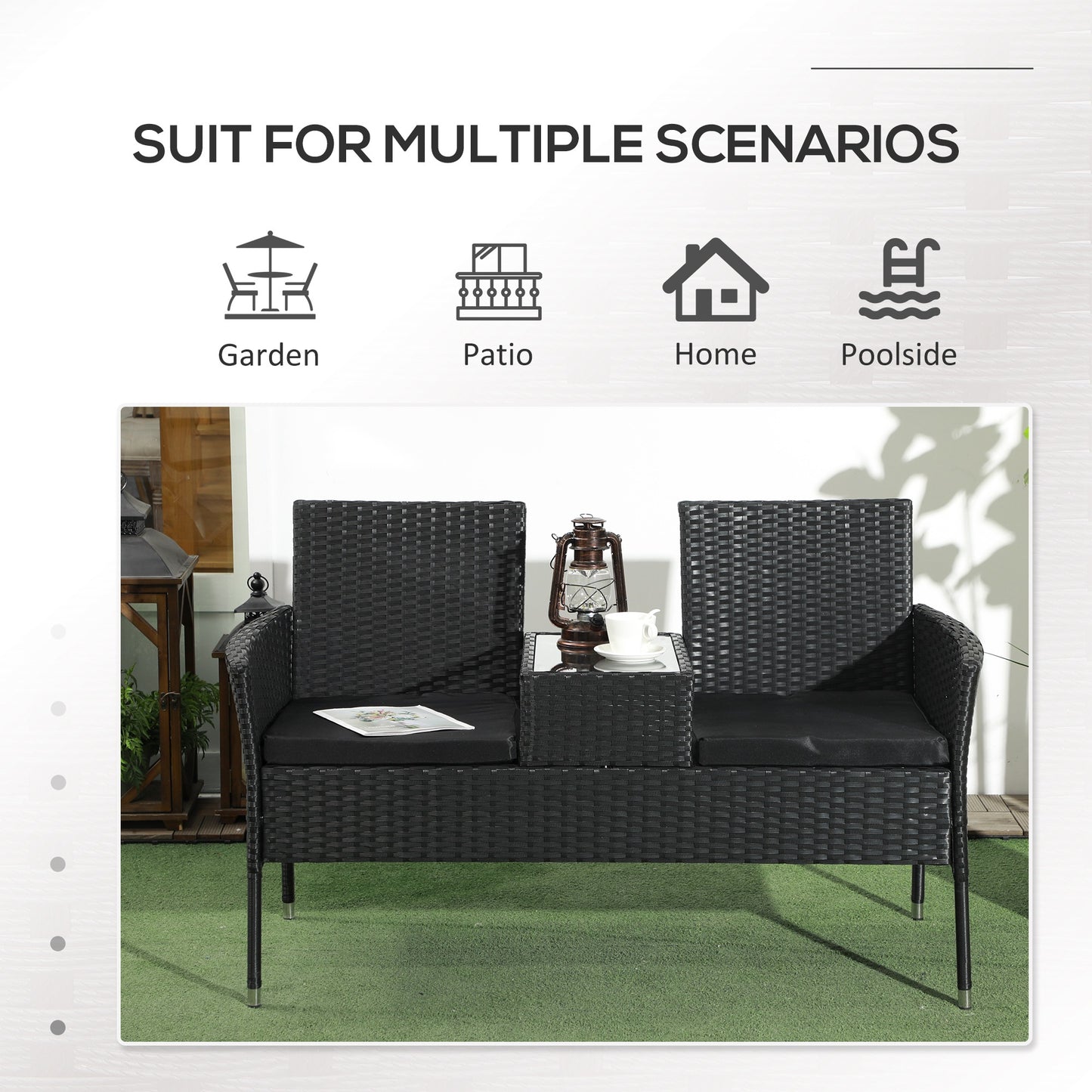 Outsunny Patio Furniture w/ Mid-Table PE Rattan Loveseat w/ Cushion, Cream White