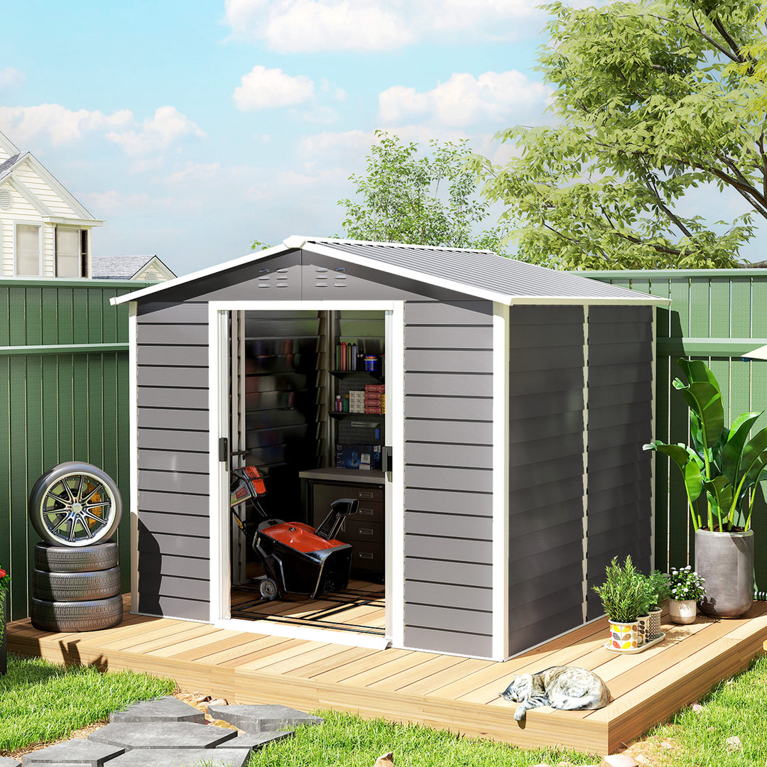 Outsunny 8' x 7' Outdoor Storage Shed, Galvanized Steel Metal Garden Shed with Lockable Doors, Floor Frame, Vents, Lock and Gloves for Backyard, Lawn, Patio, Teak