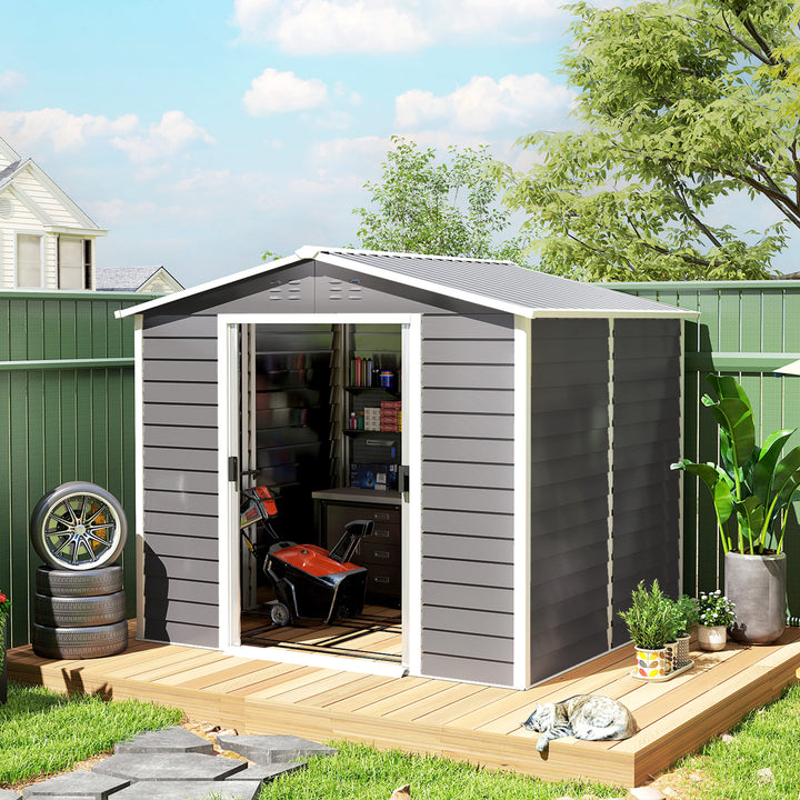 Outsunny 8' x 7' Outdoor Storage Shed, Galvanized Steel Metal Garden Shed with Lockable Doors, Floor Frame, Vents, Lock and Gloves for Backyard, Lawn, Patio, Teak