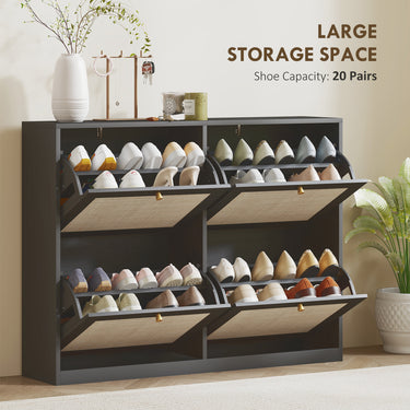 HOMCOM Narrow Shoe Storage Cabinet, Rattan Shoe Cabinet with 4 Flip Drawers and Adjustable Shelves for 20 Pairs, Black
