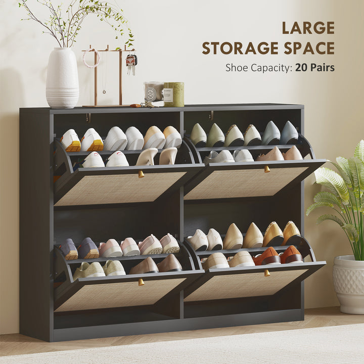 HOMCOM Narrow Shoe Storage Cabinet, Rattan Shoe Cabinet with 4 Flip Drawers and Adjustable Shelves for 20 Pairs, Black