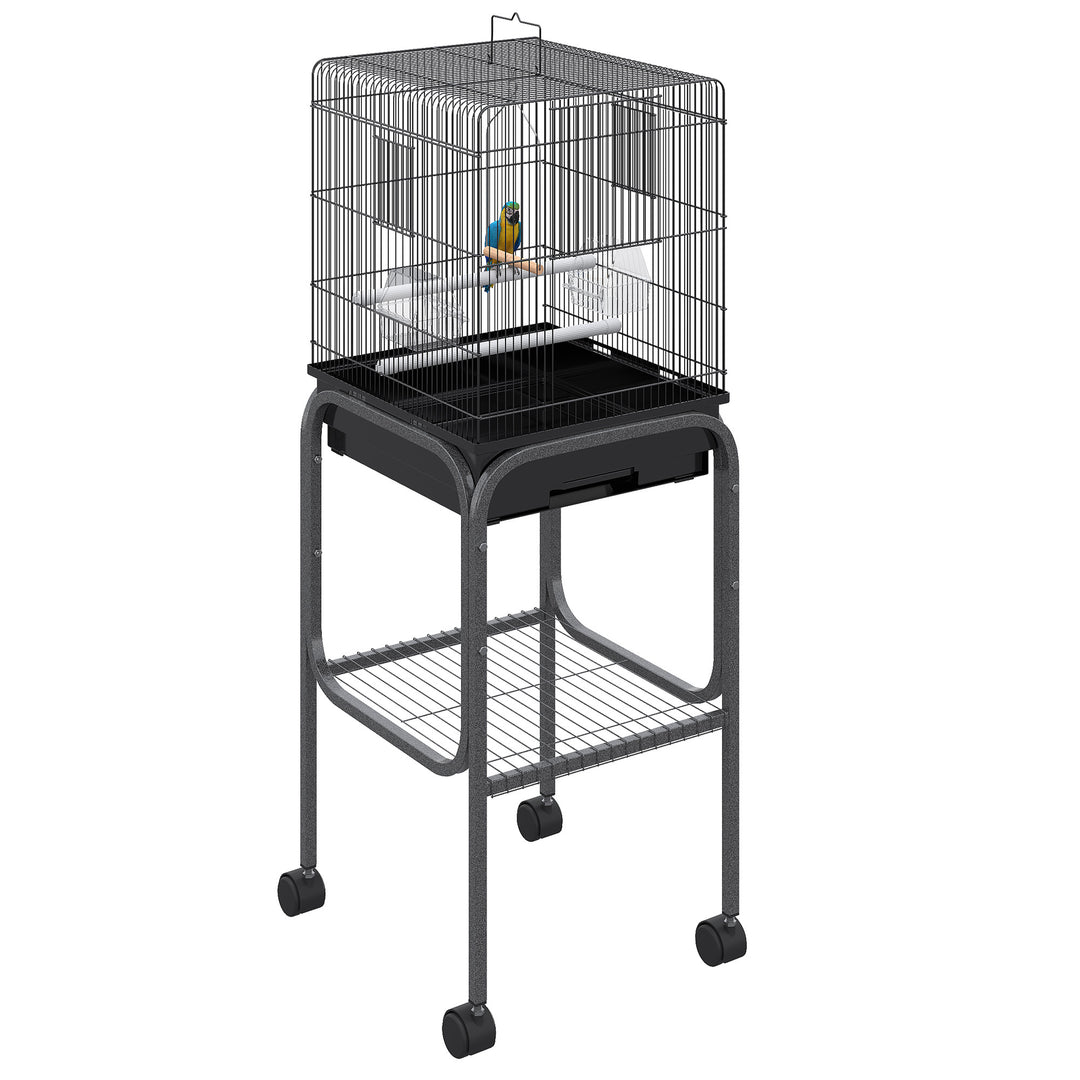 PawHut 44.5"H Metal Bird Cage Parrot Play Spot Stand with Wheel, Storage Shelf, Multi-doors - Black