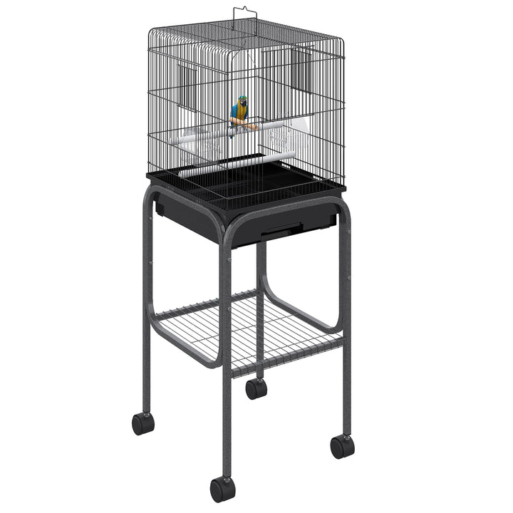 PawHut 44.5"H Metal Bird Cage Parrot Play Spot Stand with Wheel, Storage Shelf, Multi-doors - Black