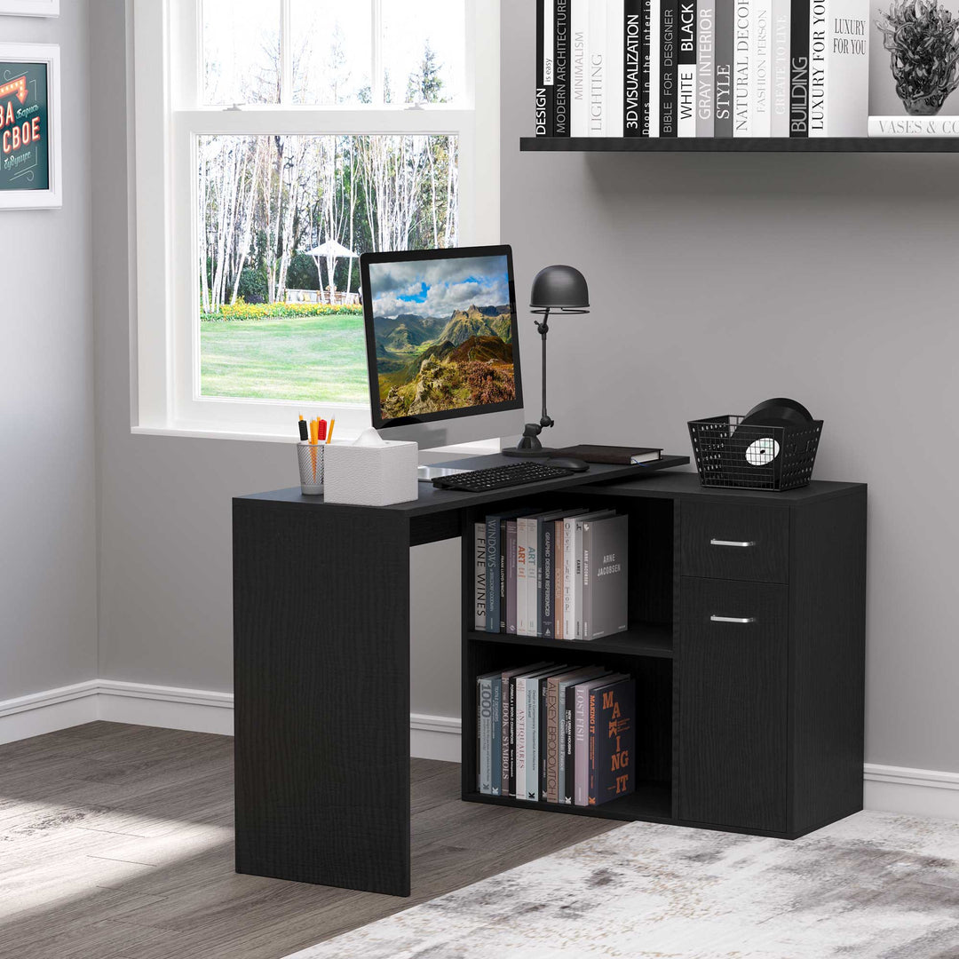 HOMCOM 180° Rotating Home Office Corner Desk Storage Shelf Cabinet Black