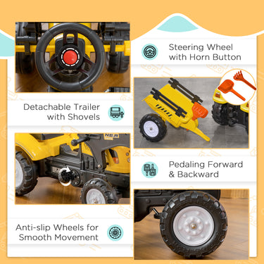 Aosom Front Loader Excavator Ride On Toy Pedal Control with 6 Wheels Controllable Bucket for 3 Year Old, Yellow