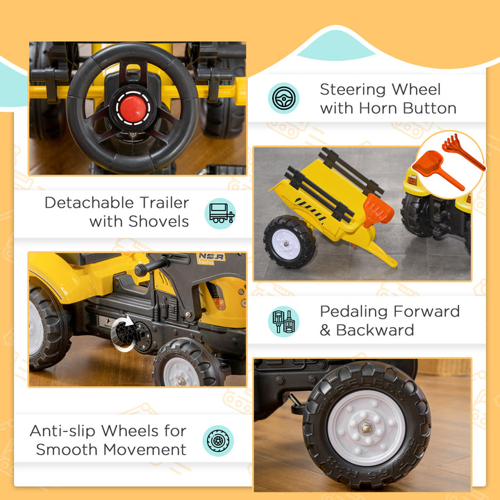 Aosom Front Loader Excavator Ride On Toy Pedal Control with 6 Wheels Controllable Bucket for 3 Year Old, Yellow