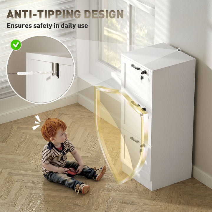 HOMCOM Vertical Filing Cabinet with 3 Drawers, Lock, File Cabinet for Home Office, A4 and Letter Size Files, White