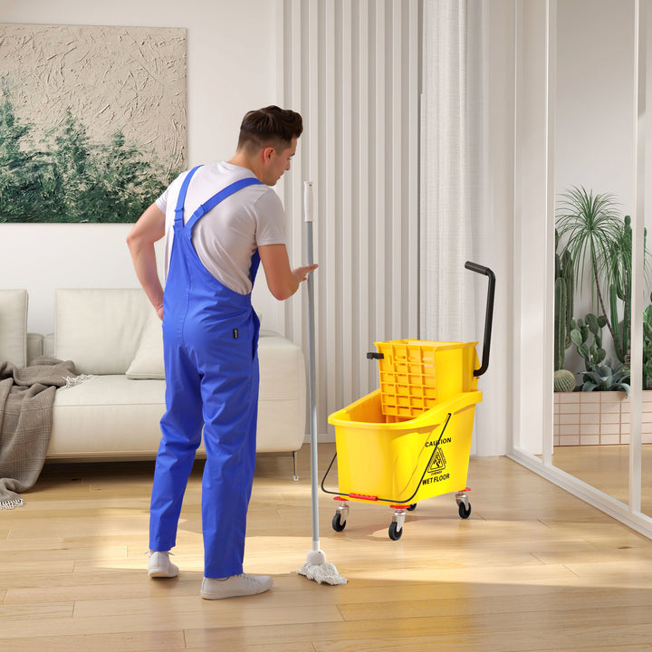 HOMCOM Mop Bucket with Wringer on Wheels for Floor Cleaning, 38 Quart Down Press Wringer with Handle, Yellow
