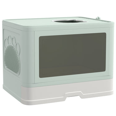 PawHut Cat Litter Box, Front Enter & Top Exit Cat Litter Tray with Scoop, Pull-out Tray, Easy to Clean, Green
