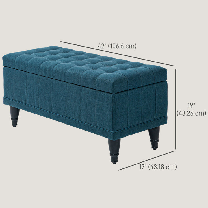 HOMCOM Storage Ottoman, Linen Fabric End of Bed Bench with Button Tufted Storage Bench for Bedroom, Blue