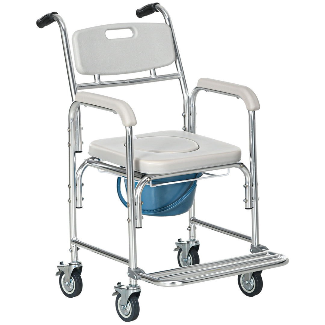 HOMCOM 3-in-1 Shower Commode Wheelchair, Transport Beside Commode Chair with Padded Seat for the Elderly, Disabled
