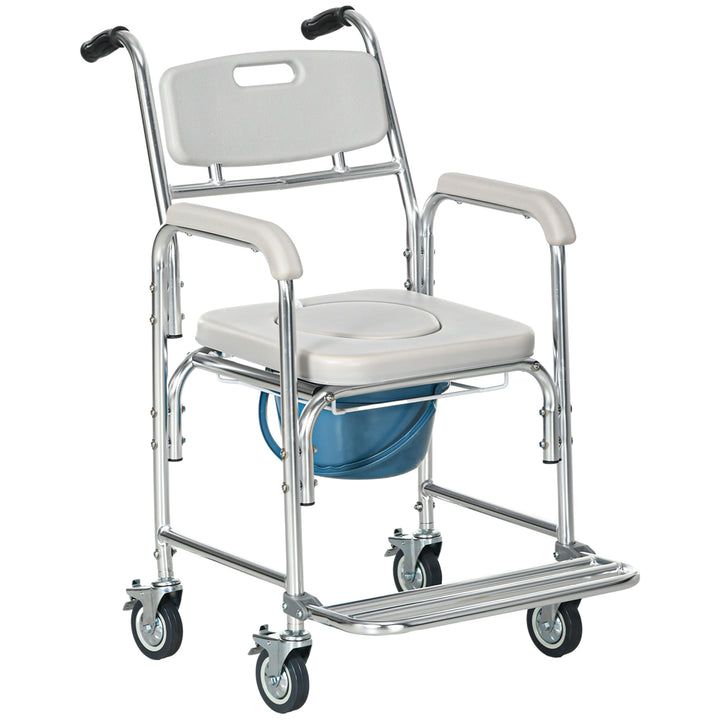 HOMCOM 3-in-1 Shower Commode Wheelchair, Transport Beside Commode Chair with Padded Seat for the Elderly, Disabled