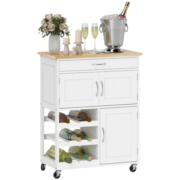 HOMCOM Rolling Kitchen Cart, Kitchen Island with Storage Drawer, 9-bottle Wine Rack, Door Cabinets, Wooden Countertop, White