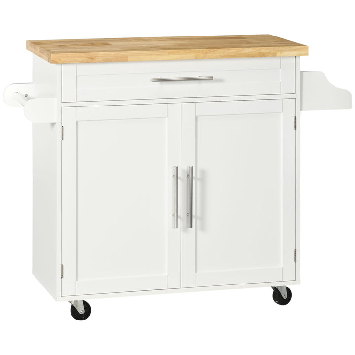 HOMCOM Kitchen Island with Storage, Rolling Cart Trolley with Rubberwood Top, Adjustable Shelf, Drawer, Spice Rack, White