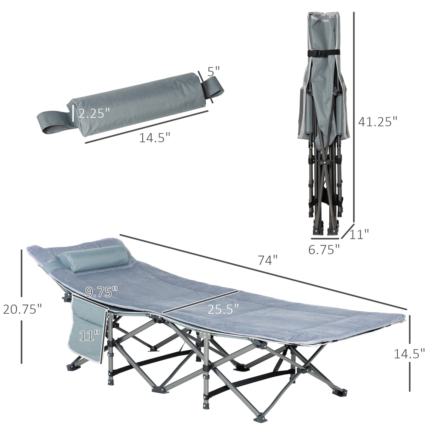 Outsunny Folding Camping Cot with Mattress & Pillow, Double Layer Oxford Heavy Duty Sleeping Cot with Carry Bag Light Grey