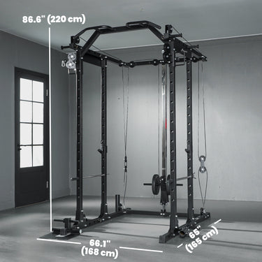 Soozier Multi-Functional Power Rack, Smith Machine Cable Crossover System with Pull Up Bar, Lat-Pull Down System, Landmine
