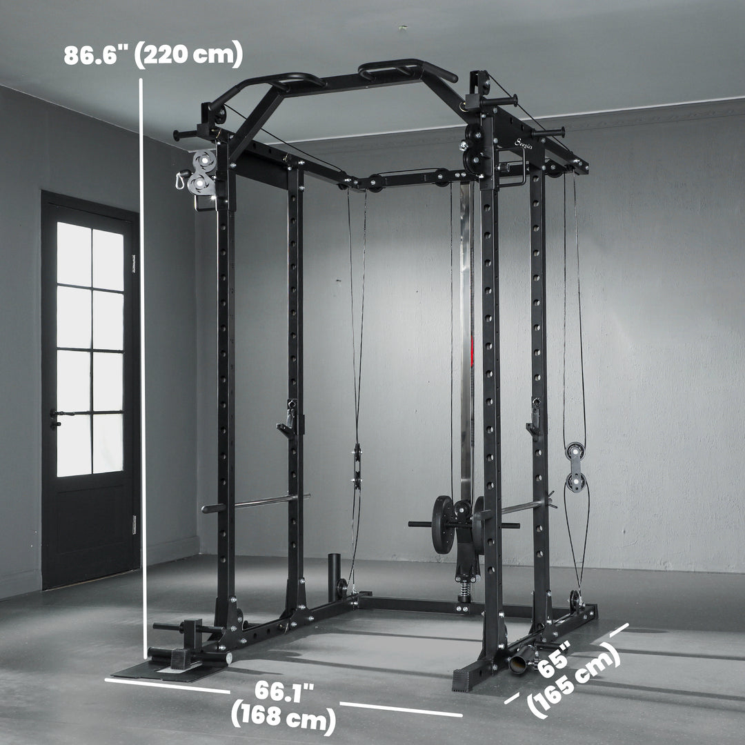 Soozier Multi-Functional Power Rack, Smith Machine Cable Crossover System with Pull Up Bar, Lat-Pull Down System, Landmine