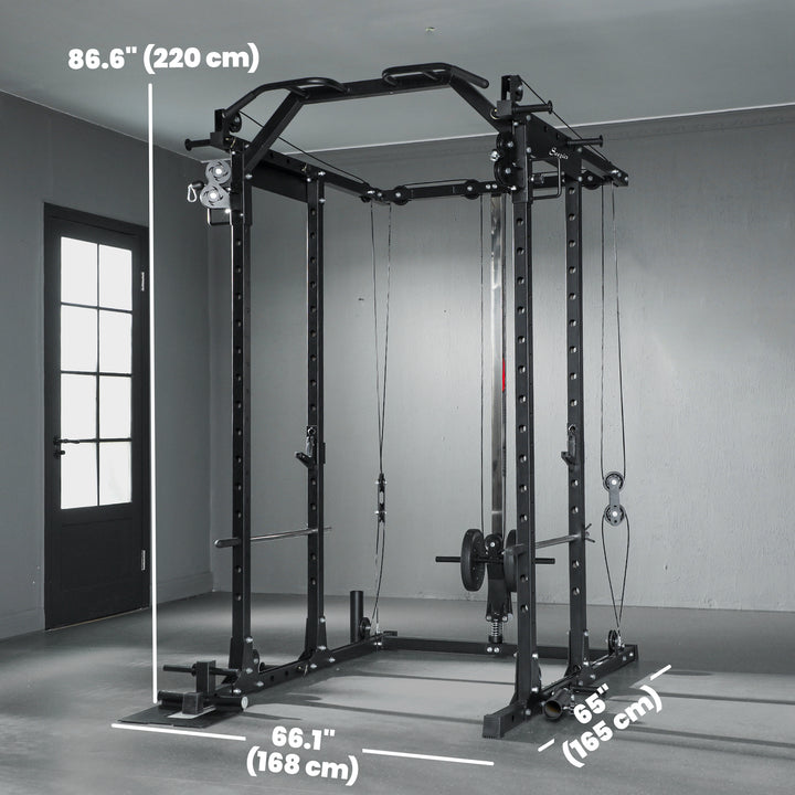 Soozier Multi-Functional Power Rack, Smith Machine Cable Crossover System with Pull Up Bar, Lat-Pull Down System, Landmine