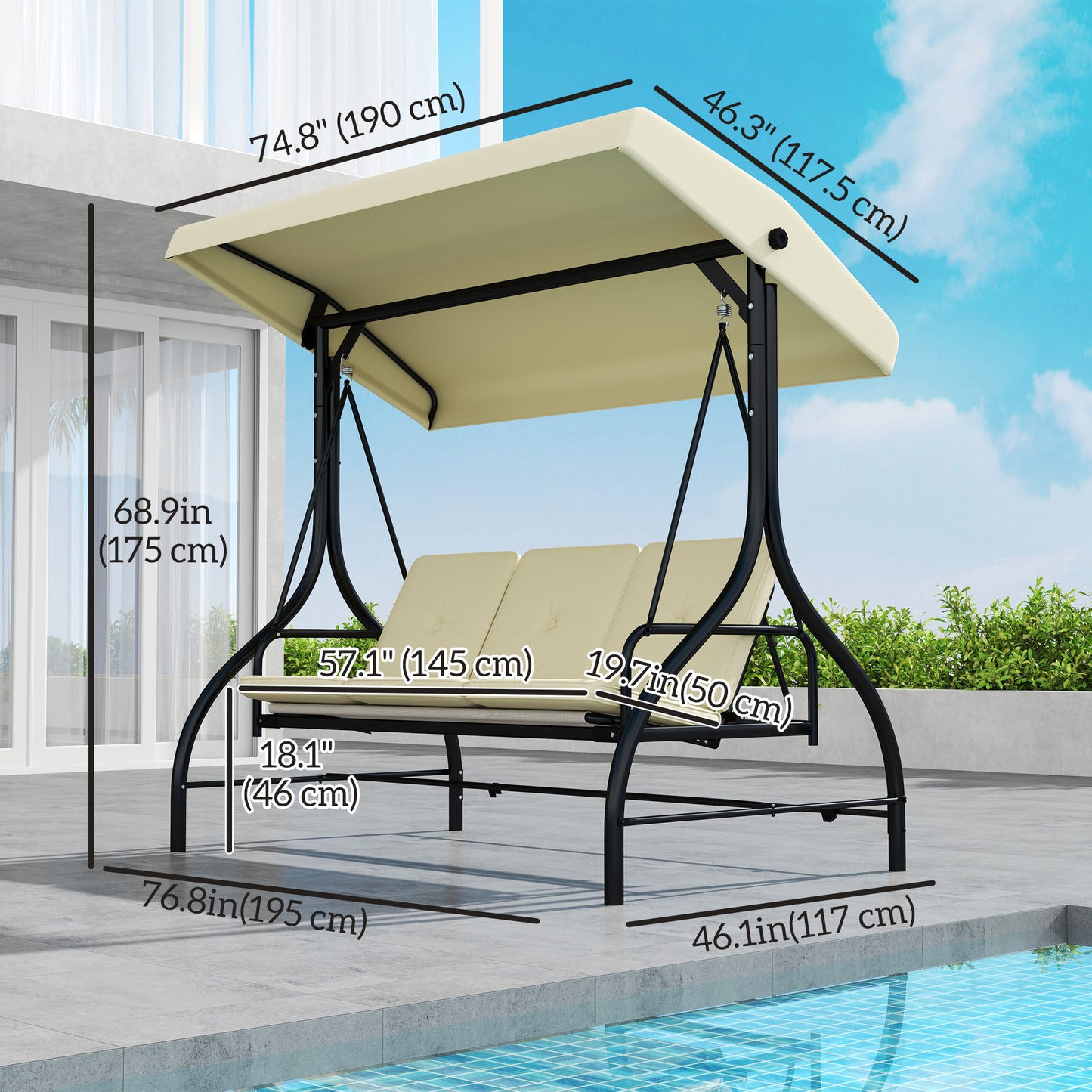 Outsunny Convertible Patio Swing Bed with Canopy and Cushions, 3 Seater Porch Swing for Outdoor, Backyard, Garden, Cream White