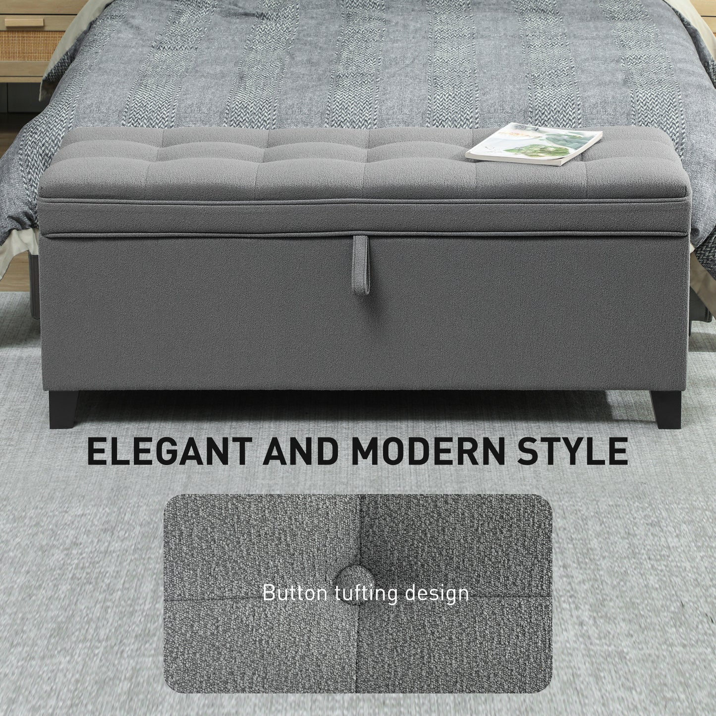 HOMCOM Storage Ottoman Bench, Foot Rest with Safety Hinges, 47 Inches Linen Storage Chest for Living Room, Dark Grey