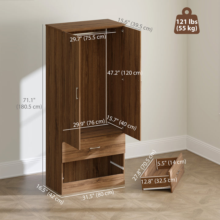 HOMCOM Wardrobe Closet Armoire with Hanging Rod and 2 Doors, Clothes Storage Organizer with 2 Drawers for Bedroom, Oak