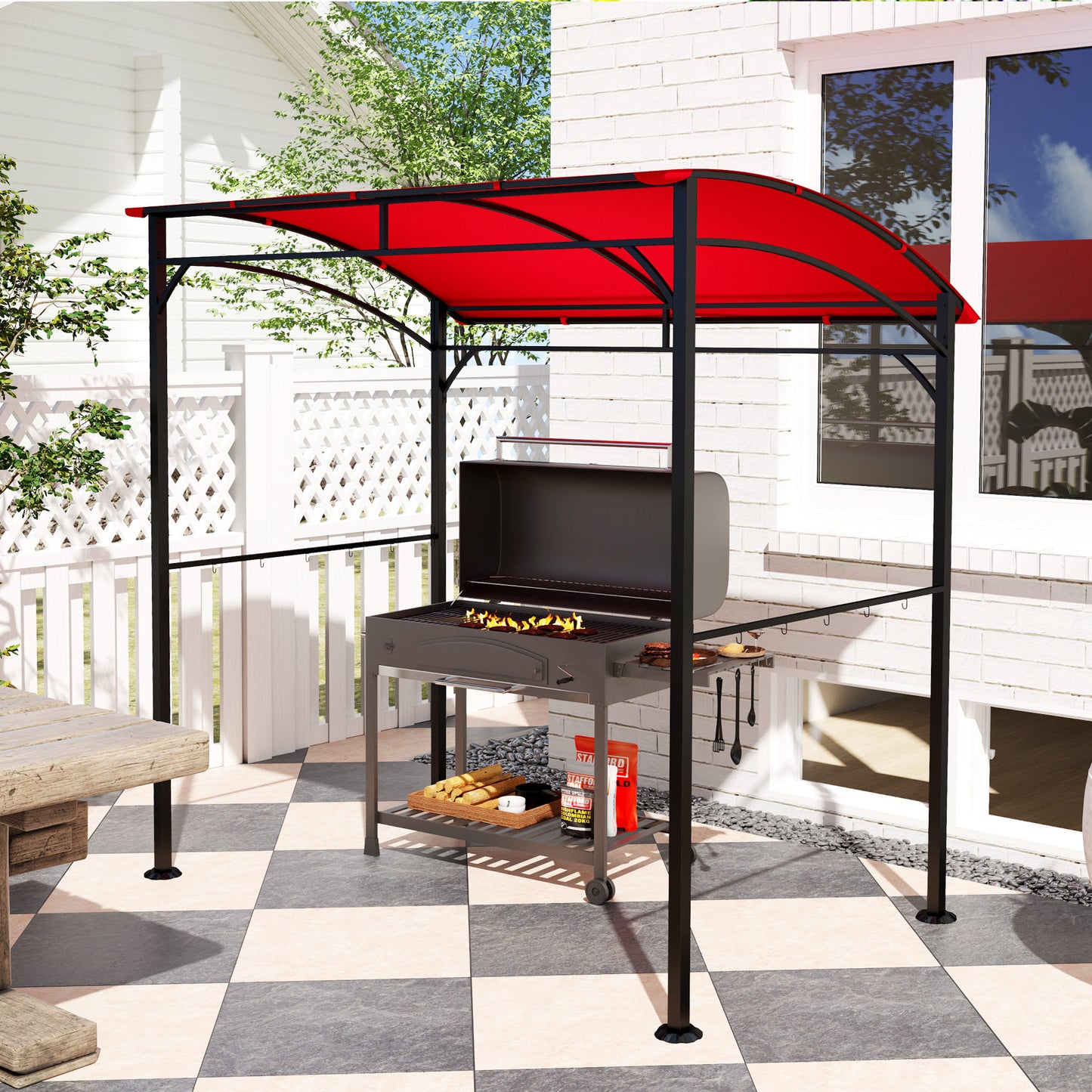 Outsunny 7' x 5' BBQ Grill Gazebo Tent, Garden Grill Canopy with Steel Frame and Hooks, Outdoor Sun Shade, Grey