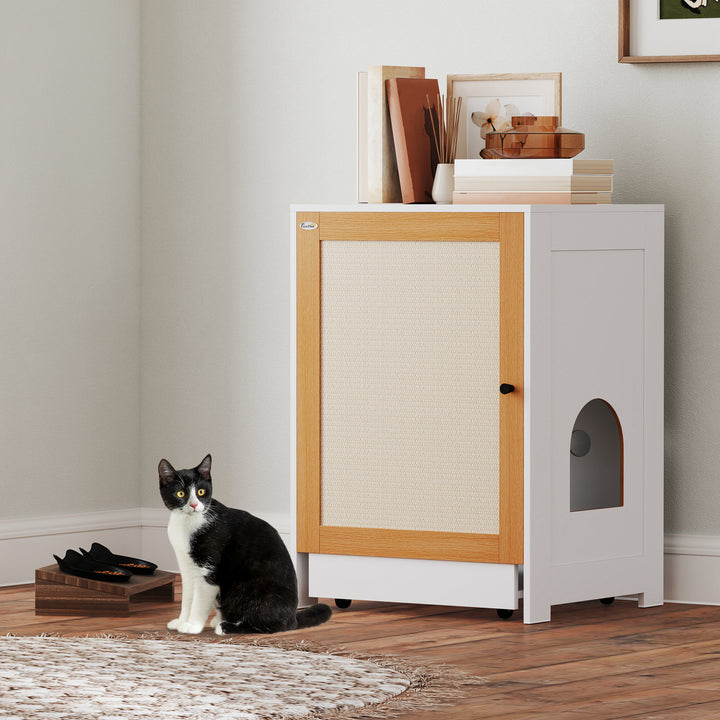 PawHut Cat Litter Box Enclosure, Hidden Litter Box Furniture with Pull-Out Tray, Storage Cabinet, Scratching Mat, Oak
