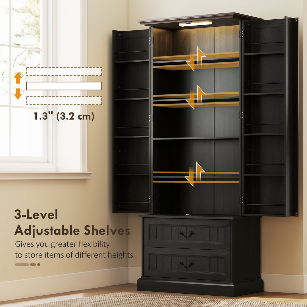 HOMCOM 72" LED Kitchen Pantry Cabinet, Buffet Storage Cabinet with 10 Door Shelves, 2 Drawers and Adjustable Shelves, White