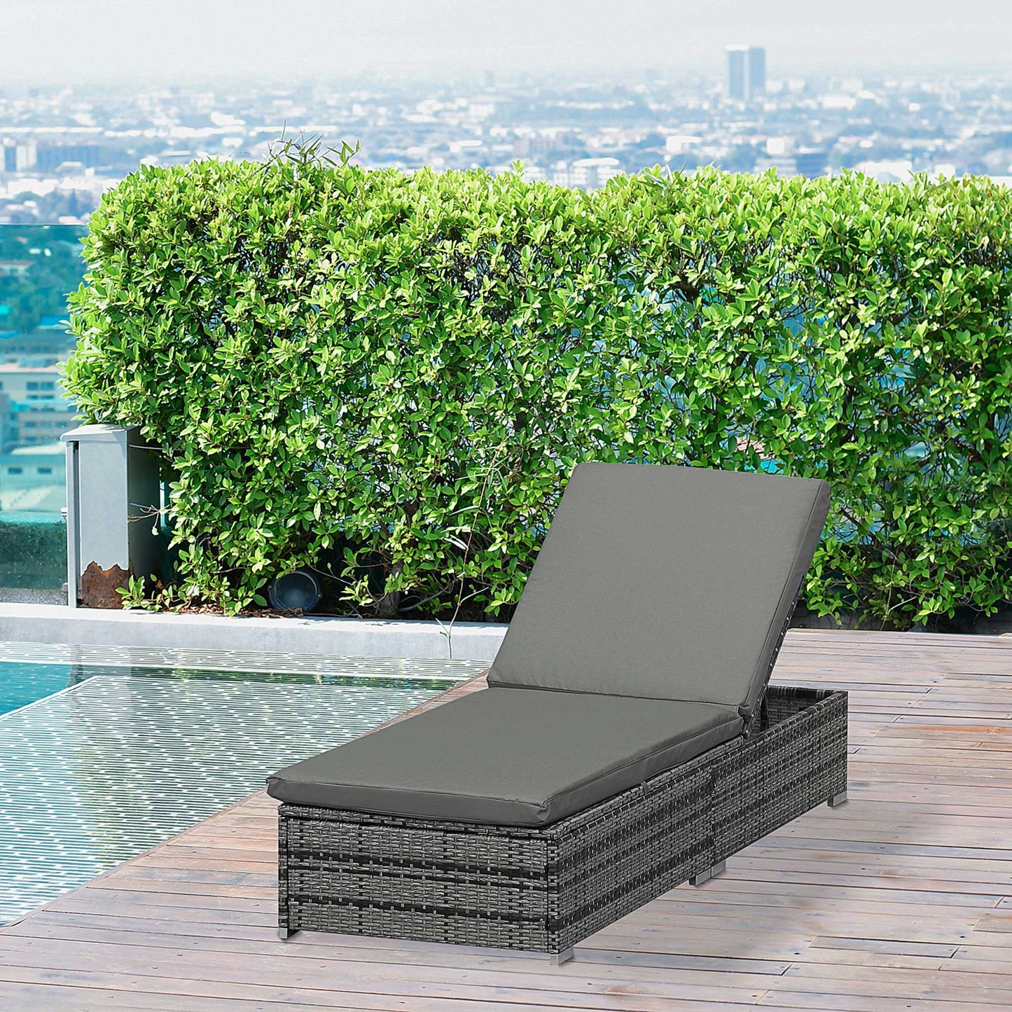 Outsunny Wicker Outdoor Lounge Chair, Patio Lounge Chair with 5-Level Adjustable Backrest & Cushion for Poolside, Mixed Grey