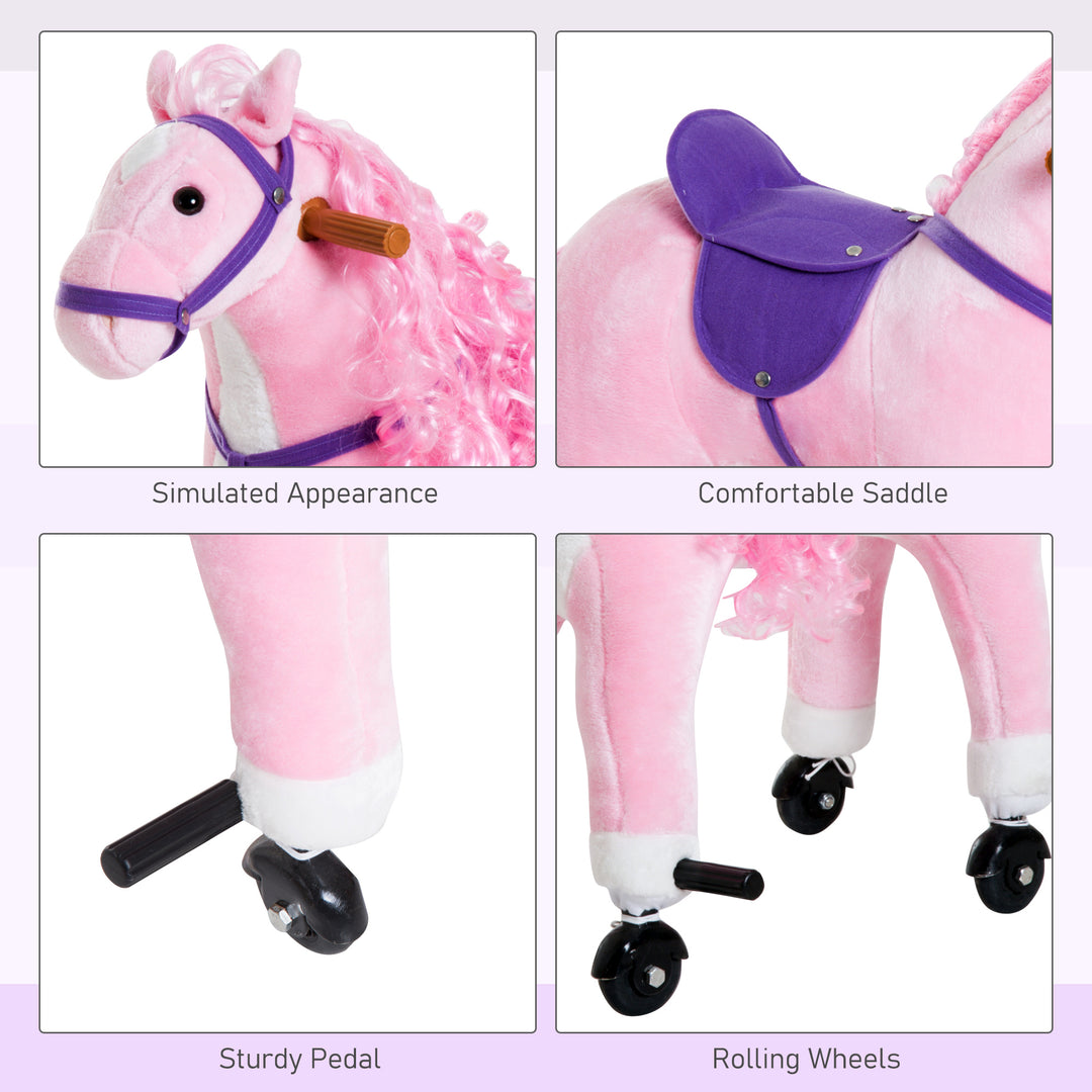 Qaba Kids Rocking Horse, Large Walking Ride on Toy for Toddlers 3 year old, Baby Plush Animal Rocker with Sound and Wheel, Pink
