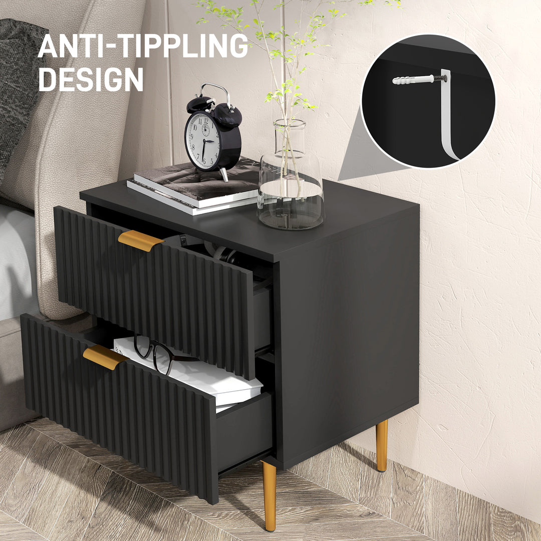 HOMCOM Bedside Table, Modern Nightstand with 2 Drawers, Side End Table with Metal Legs for Living Room, Bedroom, Black