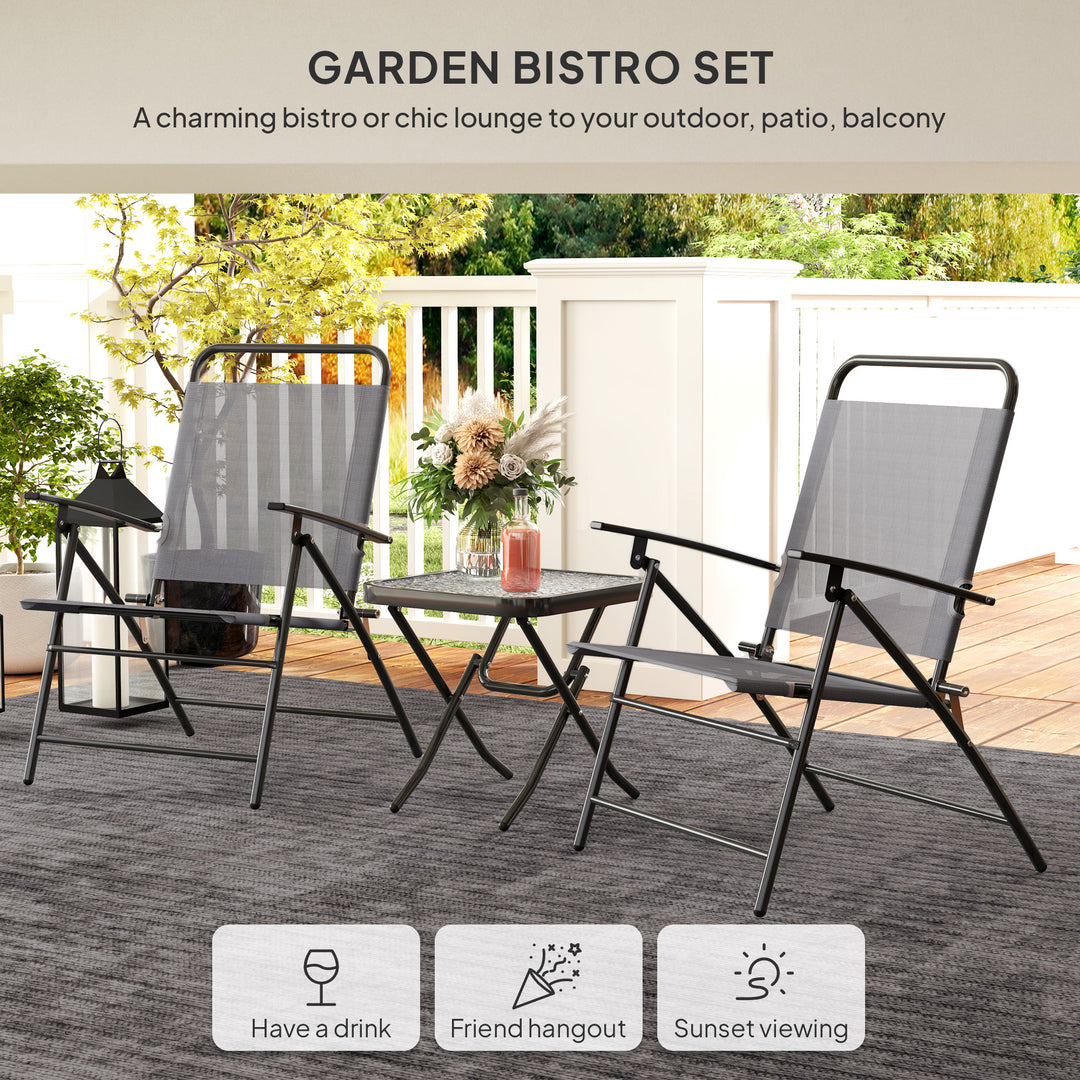 Outsunny Folding Bistro Set, Small Patio Set with Back Adjustable Chairs and Glass Top Table for Garden, Balcony, Porch, Grey
