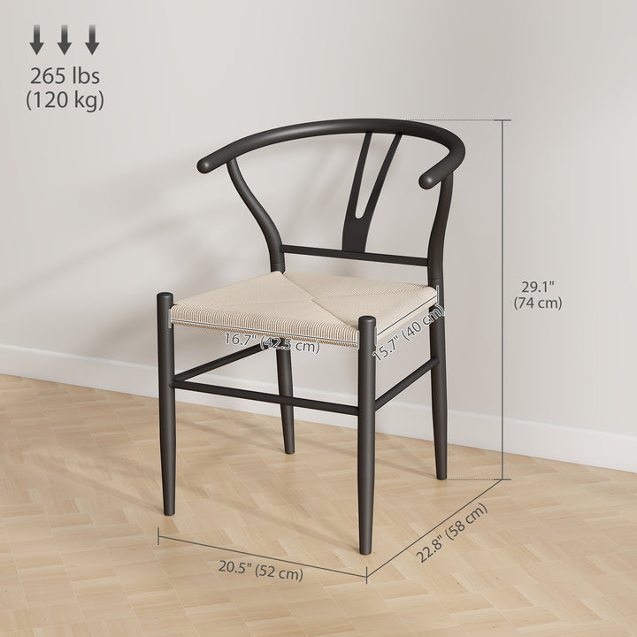 HOMCOM Set of 2 Weave Dining Chairs, Mid-Century Modern Dining Room Chairs with Y-Shaped Backrest and Hemp Seat, Black