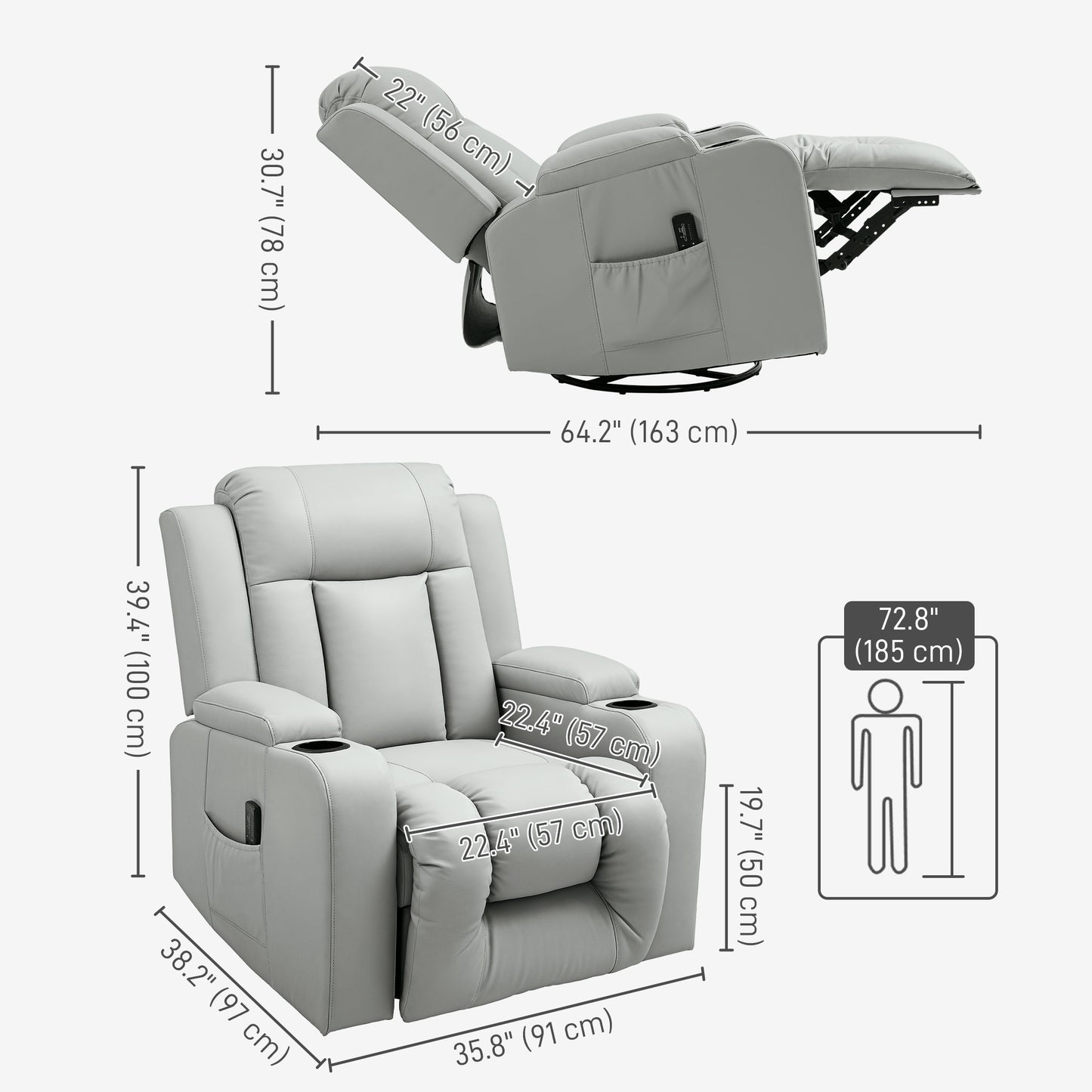 HOMCOM Swivel Massage Recliner Chair Rocker, Overstuffed Manual Reclining Sofa, PU Leather Rocking Chair with Side Pockets, Cup Holders, for Living Room, Nursery, Brown