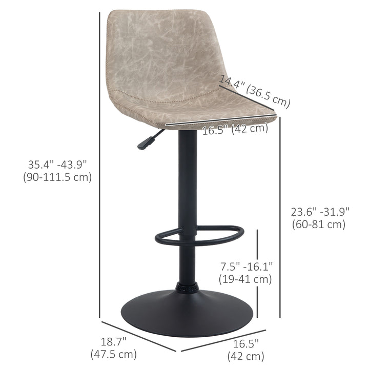 HOMCOM Adjustable Counter Height Bar Stools Set of 2, 360° Swivel Kitchen Counter Stools Dining Chairs with Backs, Vintage Leather, Brown