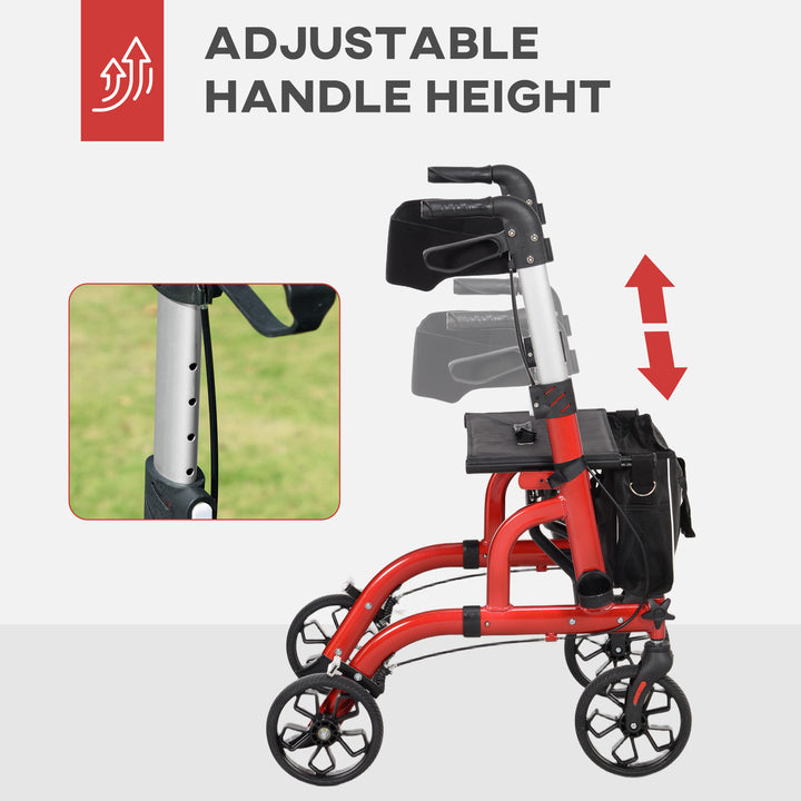 HOMCOM Rollator Walker for Seniors and Adults with 8'' Wheels, Padded Seat and Backrest,  Storage Bag Red