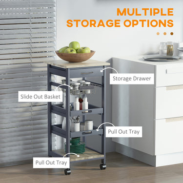HOMCOM Rolling Kitchen Island Cart, Mobile Utility Storage Cart with Drawer, Wire Storage Basket, Removable Tray, Grey