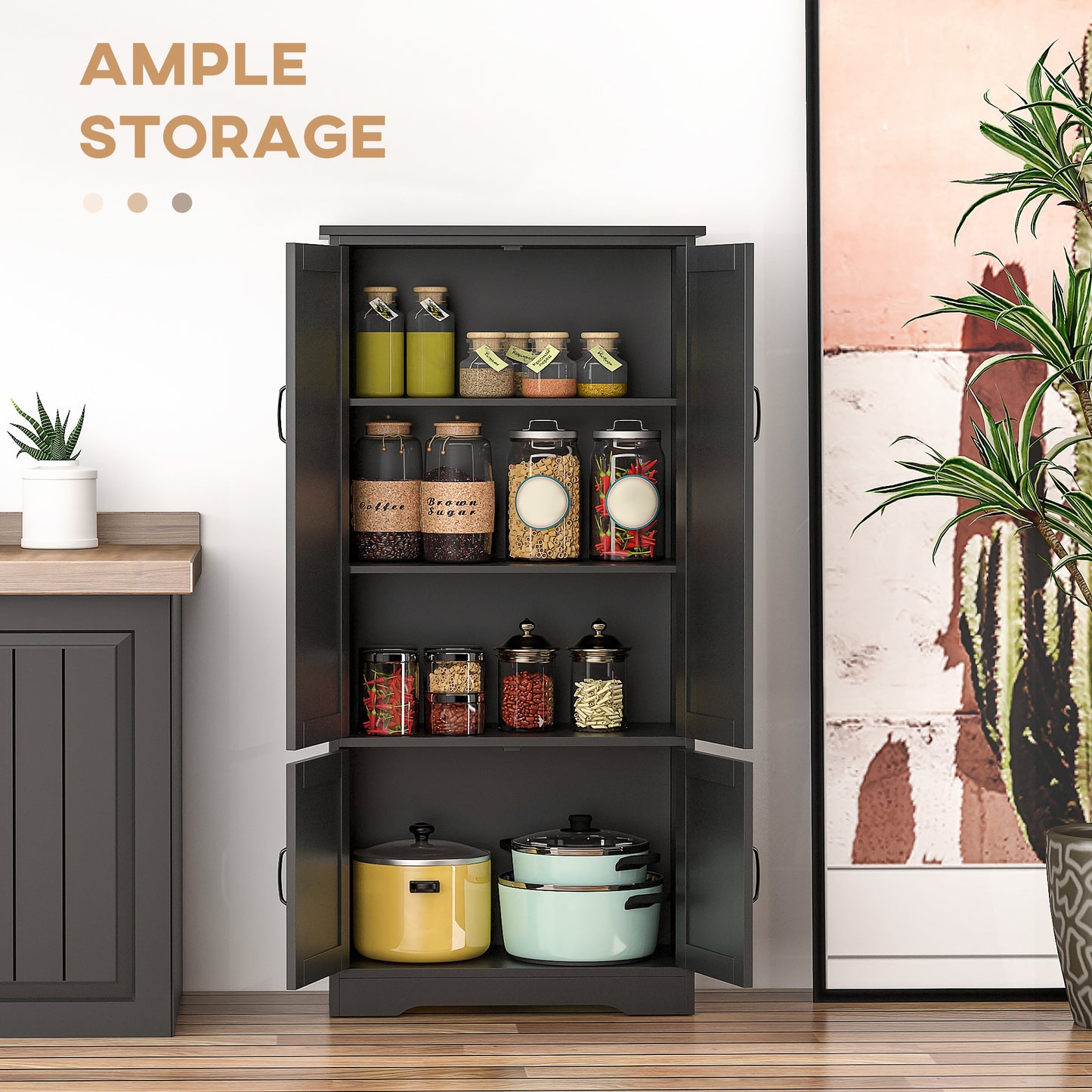 HOMCOM 48" 4-Door Storage Cabinet Multi-Storey Large Space Pantry with Adjustable Shelves Black