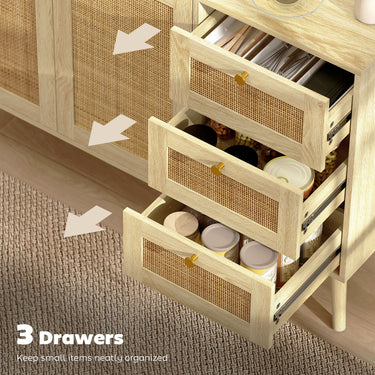 HOMCOM 47" Buffet Cabinet with Soft-Close Doors, Rattan Sideboard with Drawers, Adjustable Shelf and Wooden Legs, Natural