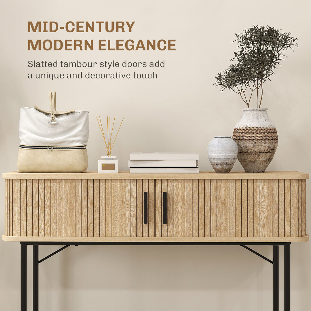 HOMCOM Mid-Century Narrow Console Table with Slatted Tambour Sliding Doors, Entryway Table with Steel Legs, Oak and Black