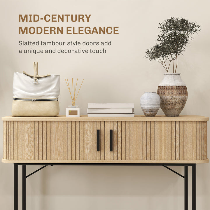 HOMCOM Mid-Century Narrow Console Table with Slatted Tambour Sliding Doors, Entryway Table with Steel Legs, Oak and Black