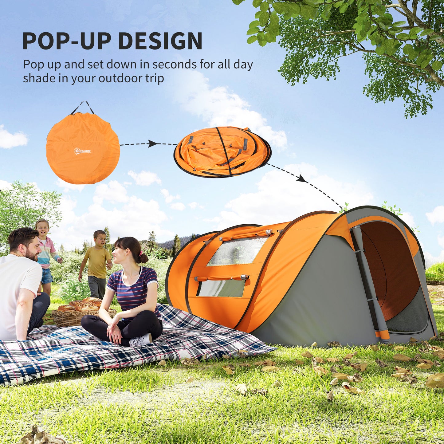 Outsunny 4 Person Camping Tent, Easy Pop Up Tent with Doors, Windows and Carry Bag, Automatic Setup Tent for Hiking, Orange