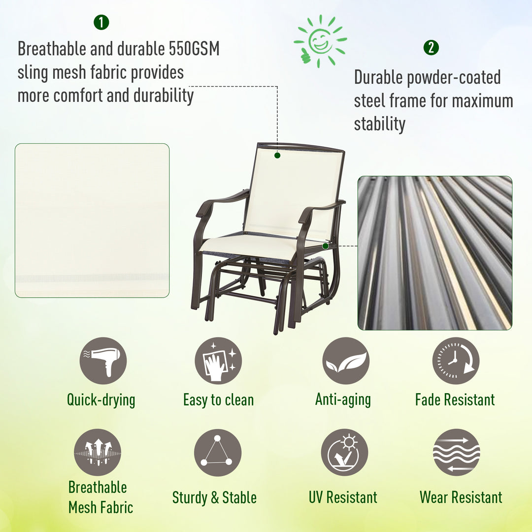 Outsunny 3 Piece Patio Glider Set Outdoor Gliders with Breathable Mesh Seat, Glass Top Table for Garden, Yard, Cream White