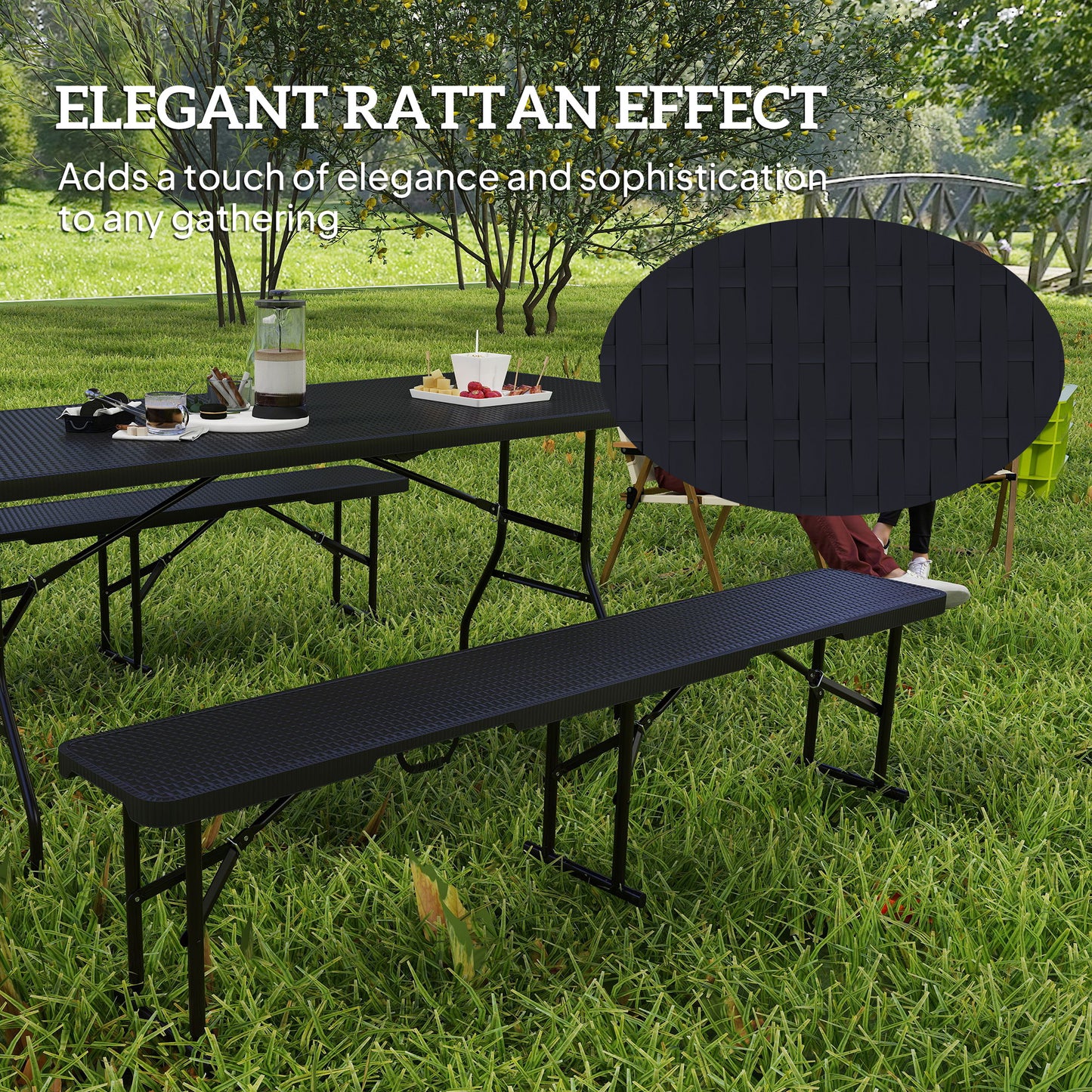 Outsunny 6FT 3PCS Faux Rattan Outdoor Camping Table Bench Set with Carrying Handles, Folding Picnic Table with 2 Benches, Black