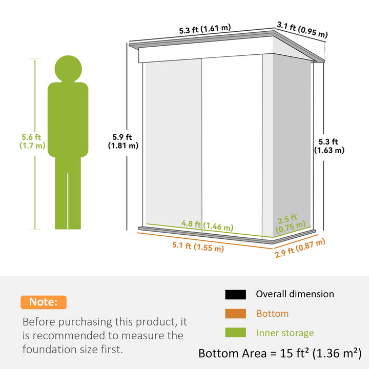 Outsunny Outdoor Storage Shed, Steel Lean-to Shed with Adjustable Shelf, Lock, Gloves, 5'x3'x6', Green