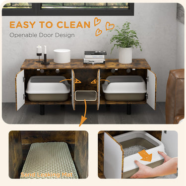PawHut Hidden Cat Litter Box Enclosure with 2 Cabinets, Double Doors and Sand Drain Pad, Rustic Brown