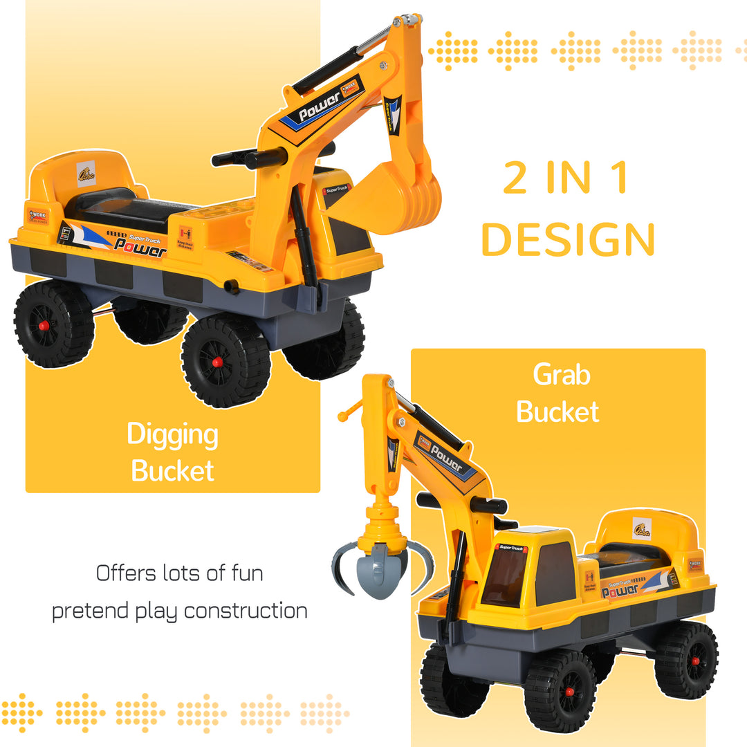 Qaba No Power Ride On Excavator Construction Digger Multi-Functional Truck Toy with 2 in 1 Design Detachable Digging Bucket and Grab Bucket, Music, Light, Yellow